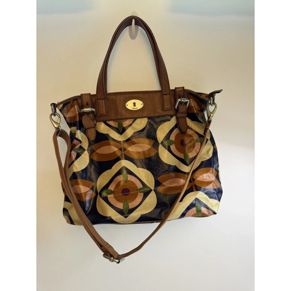 Fossil Key Per Coated Canvas Leather Trim Shoulder Bag Floral Purse- size large
